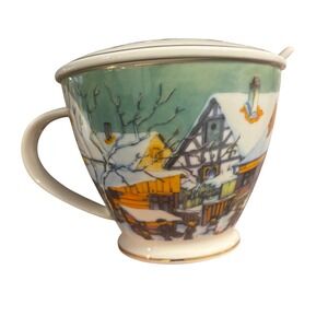 Grace Fine Ceramic Winter Village Tea Mug Set with Lid & Spoon Gold Trimmed